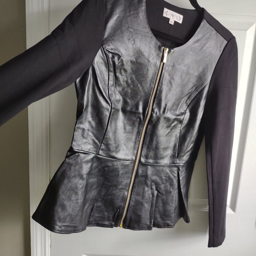 Nanette Lepore - faux leather peplum stretch knit jacket - WHBM jacket style - S